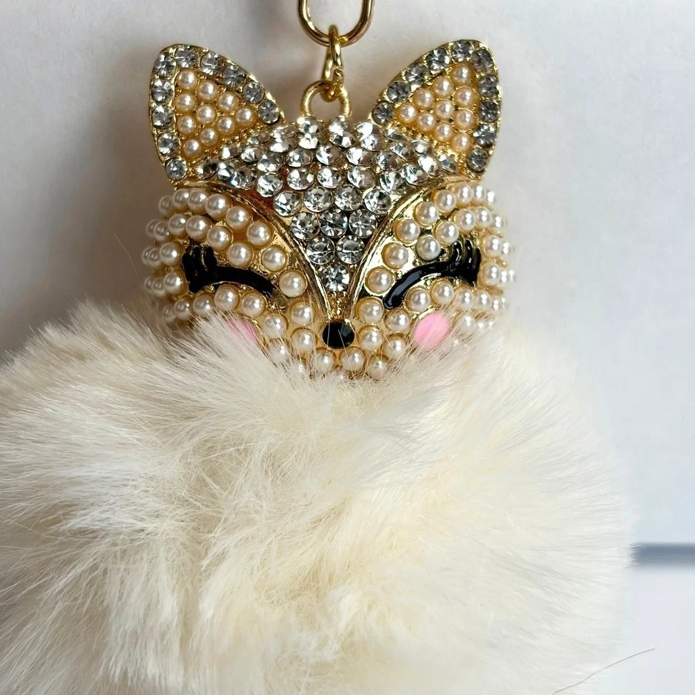 Sparkly Fox Keychain Pearl Rhinestone Faux‎ Fur Pom Pom Bag Charm Coquette Boho